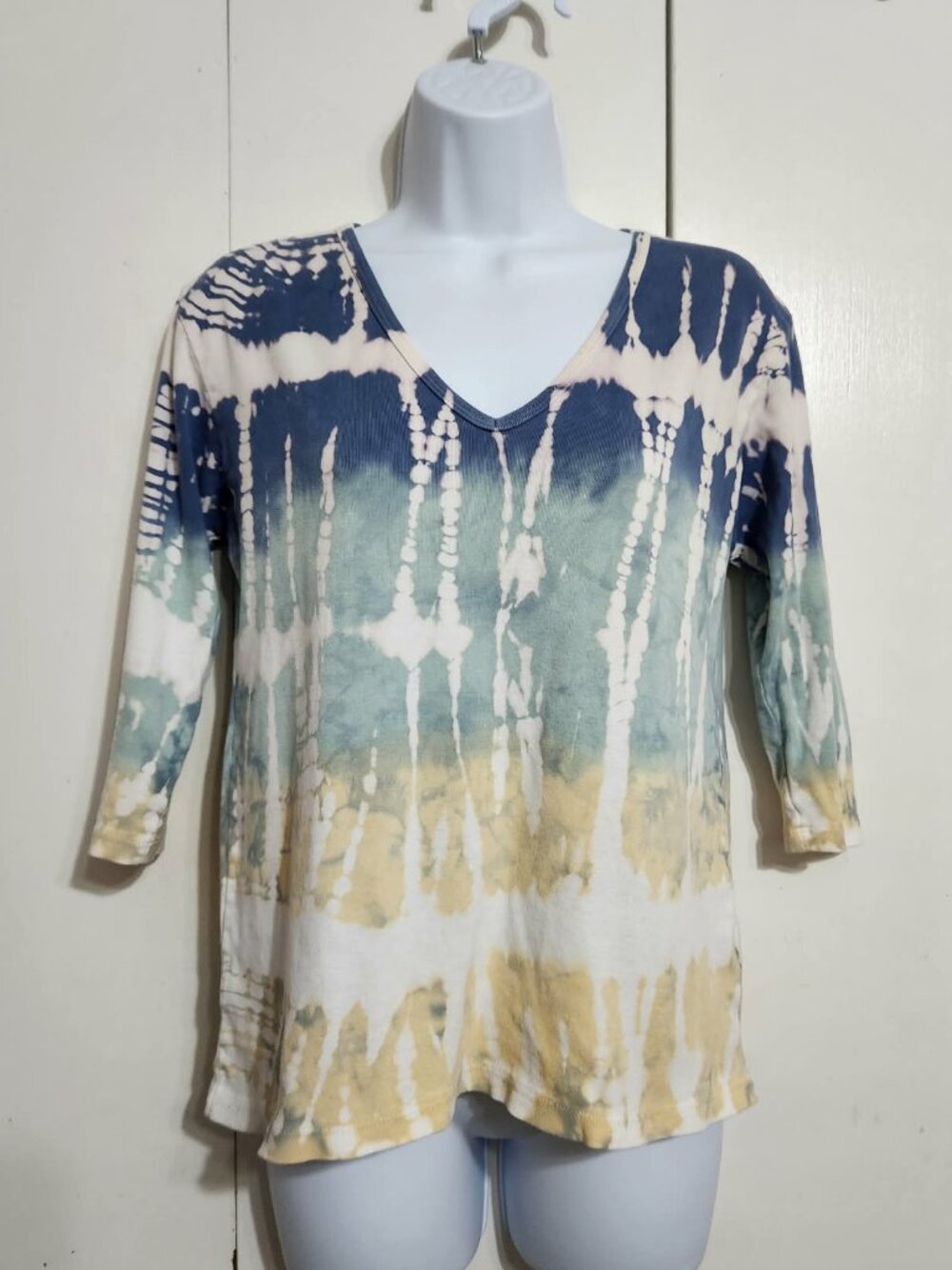 Glima Women's Large Tie Dye V-Neck 3/4 Sleeve Blue Yellow Y2K 100% Cotton Shirt
